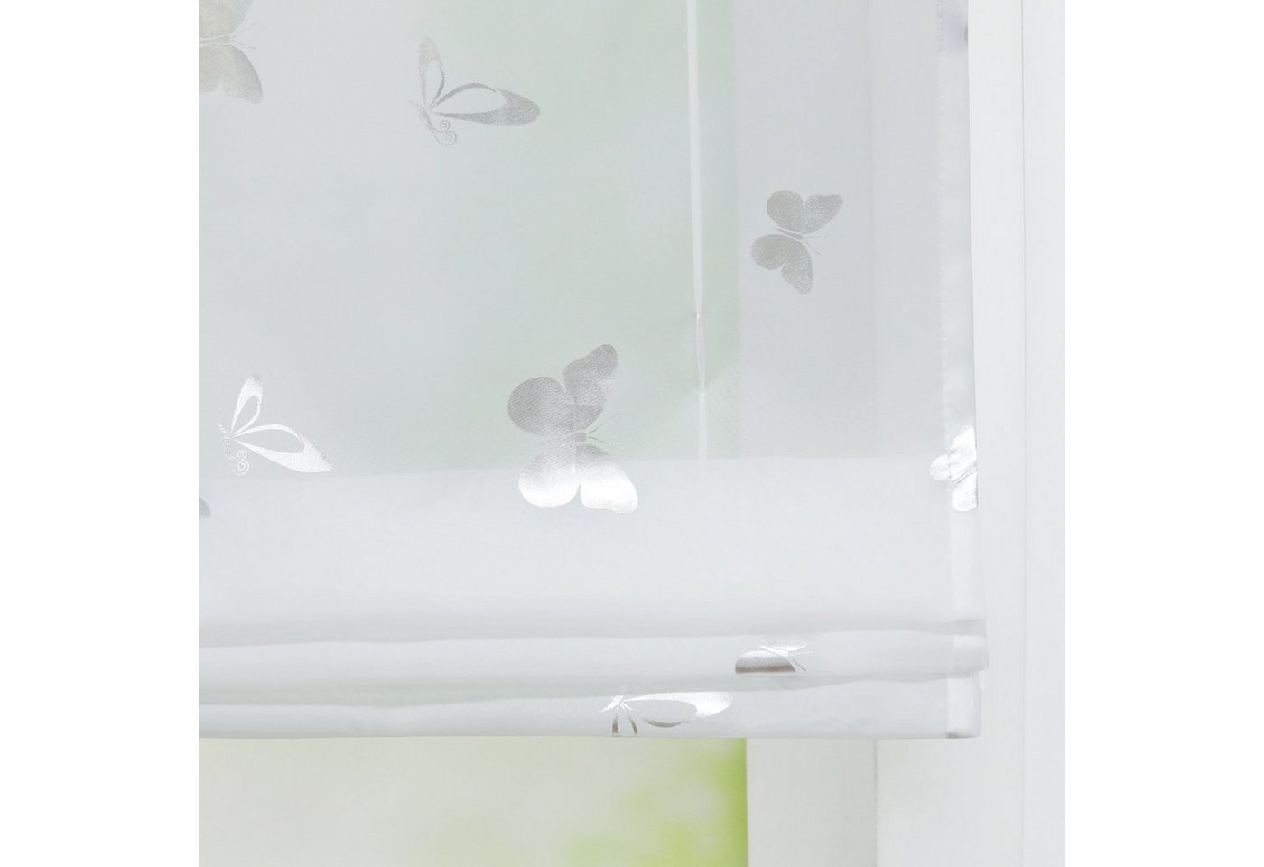 Joyswahl Raffrollo Daria Voile mit Schmetterlingsmuster im modernen Stil, mit Hakenaufhängung, ohneBohren, Am Fensterrahmen einhängen und mit Bändern höhenverstellbar, Glänzende Schmetterlinge, transparent für Wohn- und Schlafzimmer Bild 2