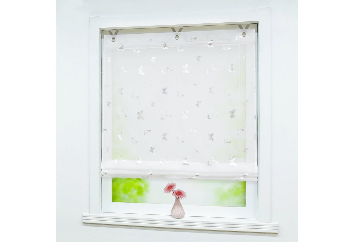 Joyswahl Raffrollo Daria Voile mit Schmetterlingsmuster im modernen Stil, mit Hakenaufhängung, ohneBohren, Am Fensterrahmen einhängen und mit Bändern höhenverstellbar, Glänzende Schmetterlinge, transparent für Wohn- und Schlafzimmer Bild 4