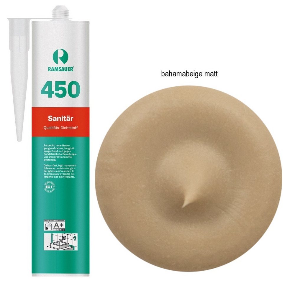 Ramsauer Dichtstoff Ramsauer 450 Sanitär Silikon Dichtstoff 310ml bahamabeige MATT, gebrauchsfertig, chemisch widerstandsfähig, schnellhärtend, UV-beständig,pilzhemmend Bild 2