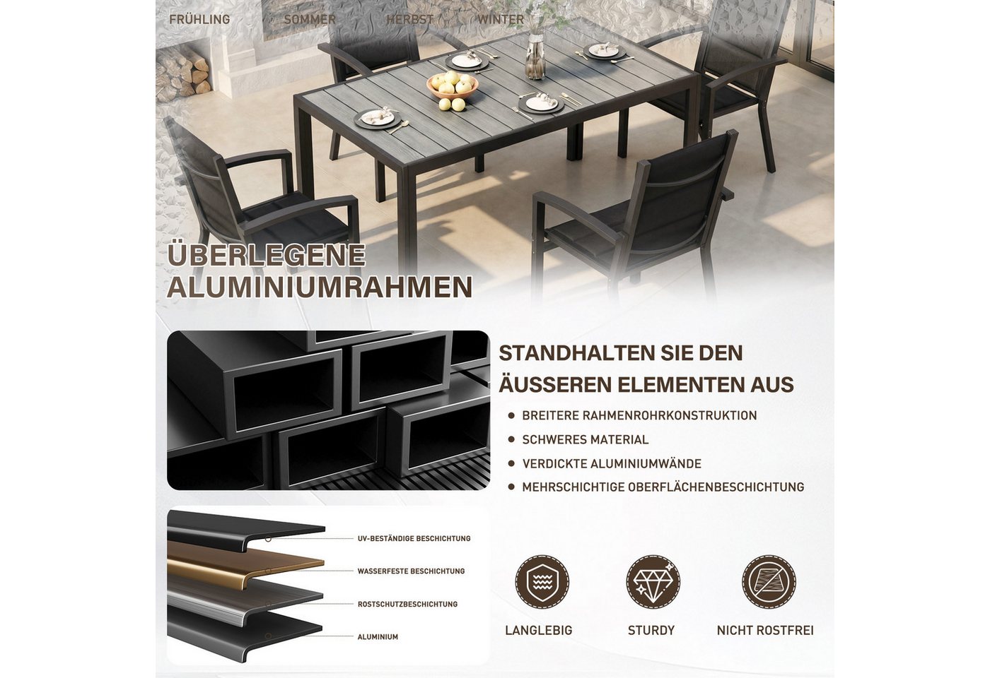 HOMALL Garten-Essgruppe 150/180cm Holzoptik Aluminiumtisch und Gartenstühle mit armlehnen, (5-tlg), Stapelbare Gartenstühle bis 160kg, rostfreier Aluminiumtisch bis 100kg