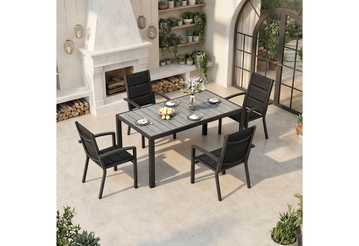 HOMALL Garten-Essgruppe 150/180cm Holzoptik Aluminiumtisch und Gartenstühle mit armlehnen, (5-tlg), Stapelbare Gartenstühle bis 160kg, rostfreier Aluminiumtisch bis 100kg Bild 5