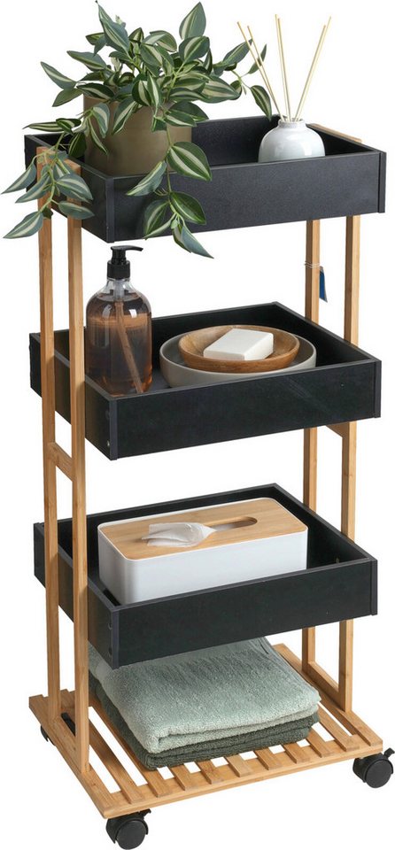 Koopman Badregal Schwarz Holz Aufbewahrung Bambus 84cm Ablage Bad, Stück 1-tlg., 4 Etagen, Schrank, Handtuchhalter, Badezimmer, 84cm hoch Bild 3