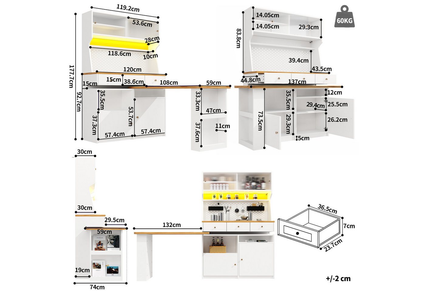 Ulife Küchenbuffet Küchenschrank Mehrzweckbuffet Snackschrank Tischschrank (1-St., mit zwei Türen und drei Schubladen) Schreibtisch, Aufbewahrungsschrank, 137x45x178 cm Bild 4