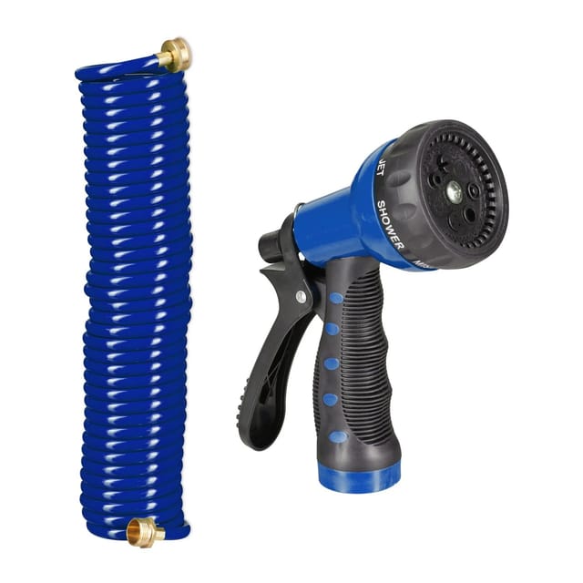 Relaxdays - Spiralschlauch Wasser, bis 10 m ausziehbar, flexibler Gartenschlauch mit Wasserbrause, 7 Strahlarten, blau