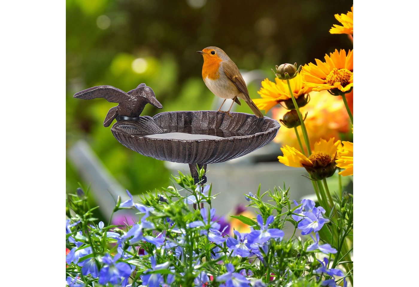 Vogeltränke zum Stecken, Wasserschale mit Vogel, frostsicher, Gartenstecker, 100 cm hoch, Gusseisen, braun - Relaxdays Bild 5