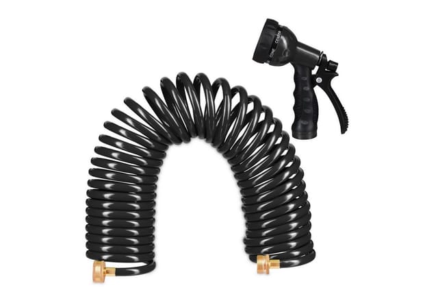 Relaxdays - Spiralschlauch Wasser, bis 10 m ausziehbar, flexibler Gartenschlauch mit Wasserbrause, 7 Strahlarten, schwarz