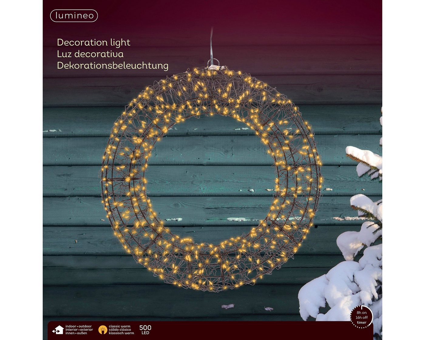 Lumineo LED Stern LED Metall-Kranz Schwarz 500 LED, 38 x 38 cm, klassisch warm, Timer, Klassischwarm, 8h-Timer, Indoor/Outdoor, IP-44, zum Aufhängen