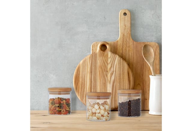 Relaxdays Vorratsgläser mit Bambusdeckel, 3er Set, kleine Vorratsdosen aus Glas, 500 ml, luftdicht, transparent/natur