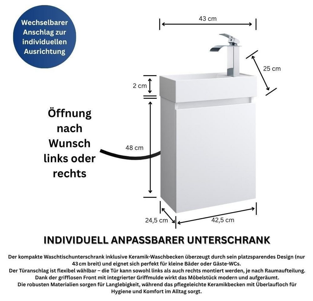 Faizee Home Badmöbel-Set Rikka Eiche Badmöbel-Set Keramik-Waschbecken