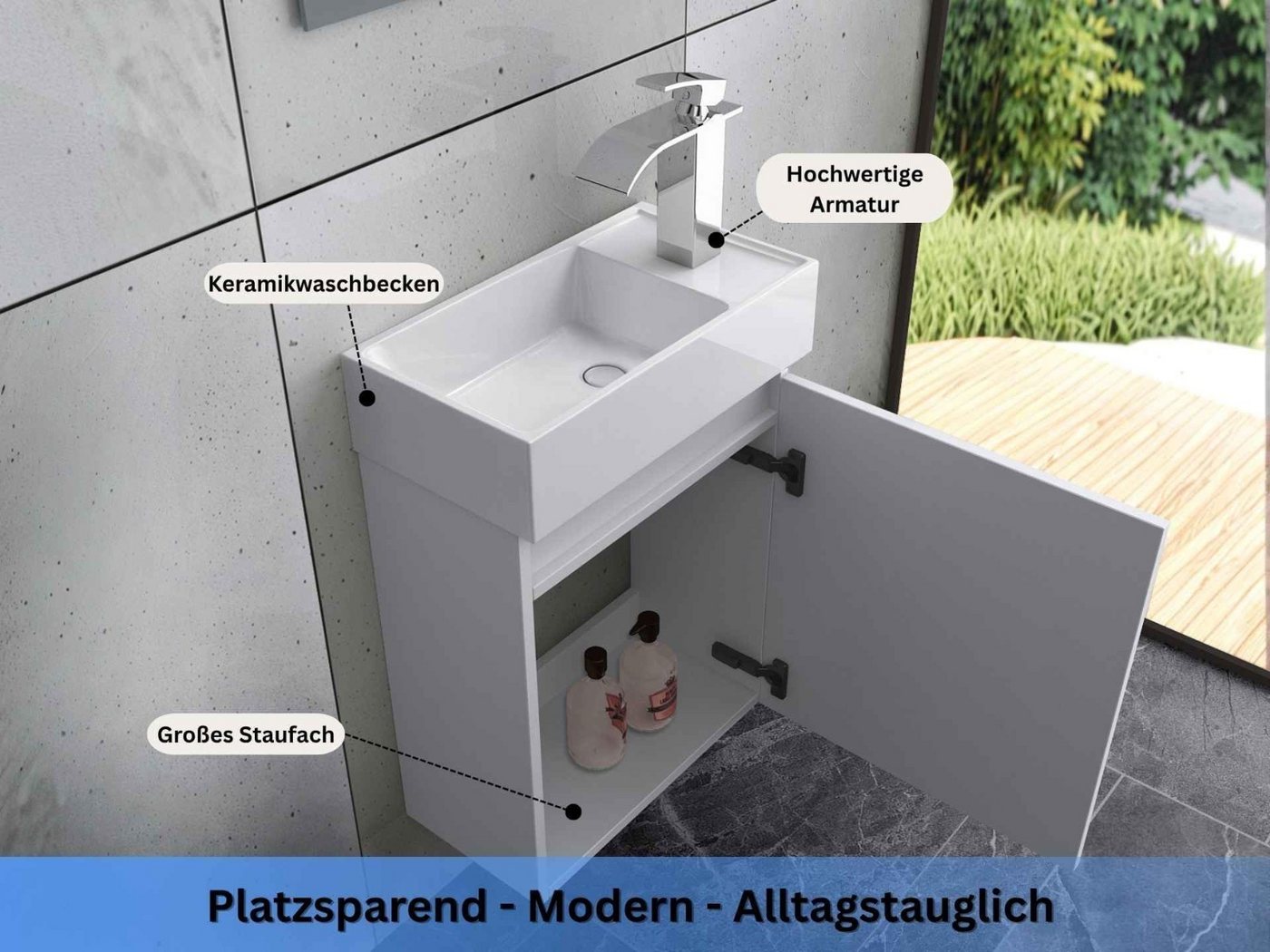 Faizee Home Badmöbel-Set Rikka Eiche Badmöbel-Set Keramik-Waschbecken Bild 2