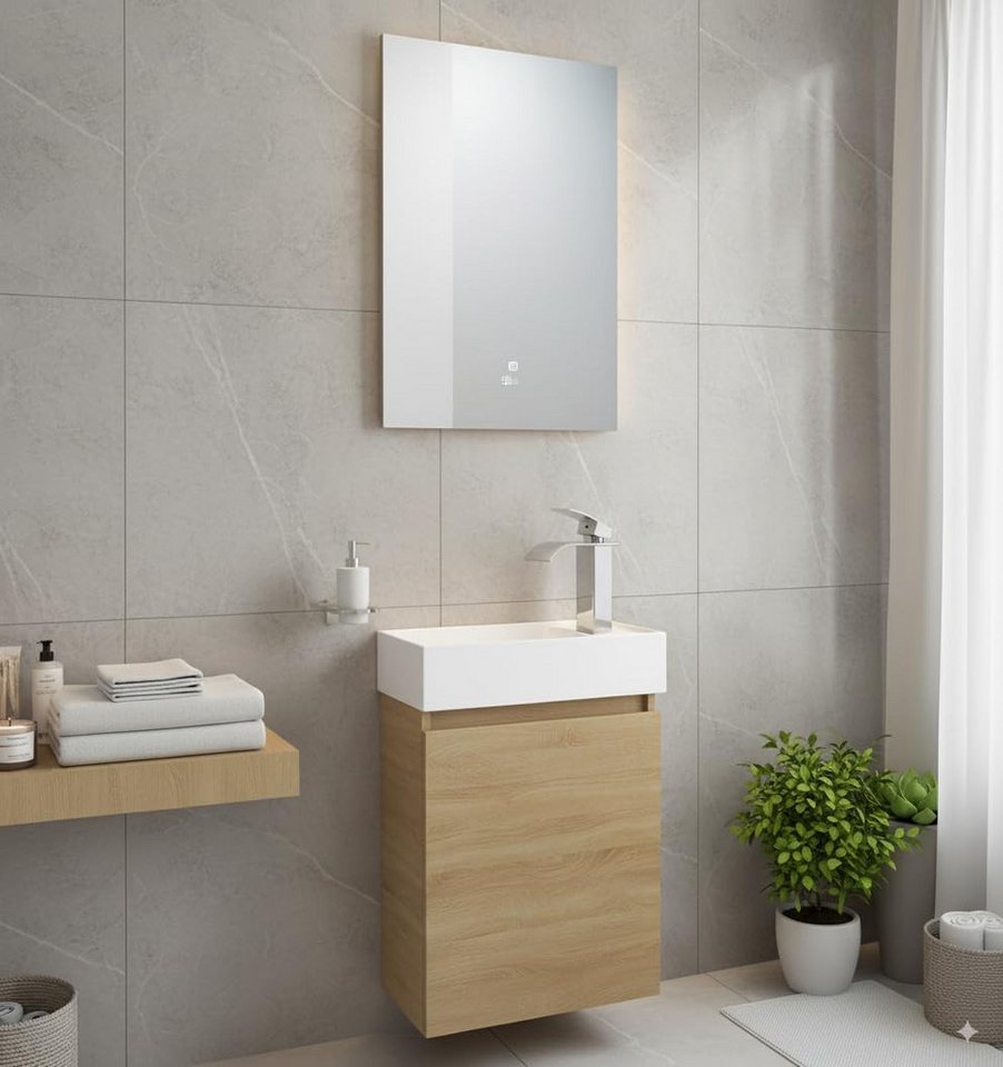 Faizee Home Badmöbel-Set Faizee Home Badmöbel Set –mit Keramik Waschbecken, Spiegel & Armatur