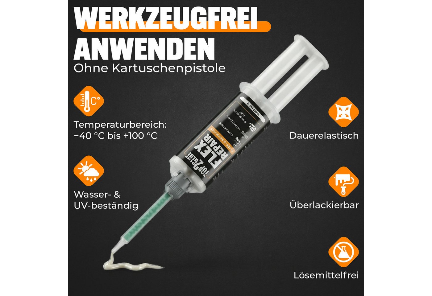 Top2Glue Montagekleber 2K-Kleber Flex Repair 2K MS Polymer, schwarz 35 g mit 4 Mischdüsen Bild 2