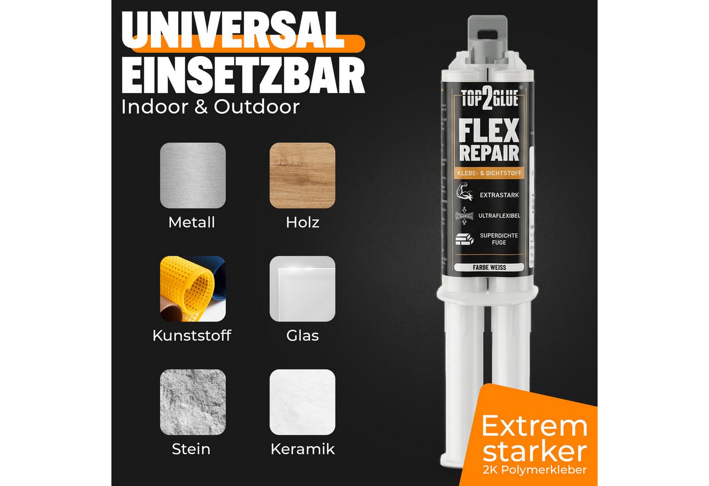 Top2Glue Montagekleber 2K-Kleber Flex Repair 2K MS Polymer, schwarz 35 g mit 4 Mischdüsen Bild 3