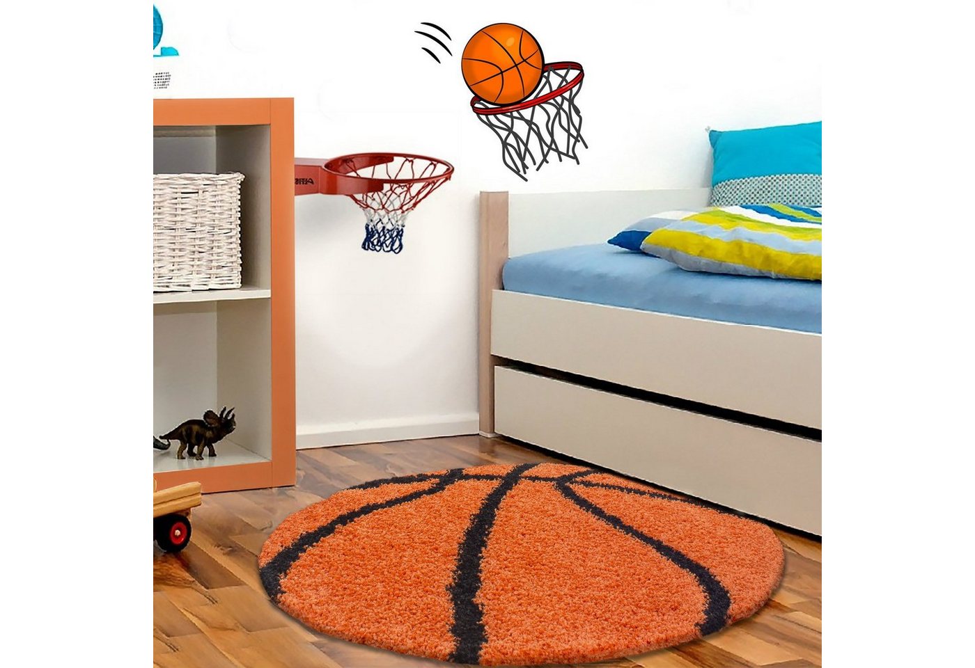 Stilvoll Günstig Kinderteppich für Spiel-Kinderzimmer Basketball Design für Jungs und Mädchen, Rund, Höhe: 30 mm Bild 2