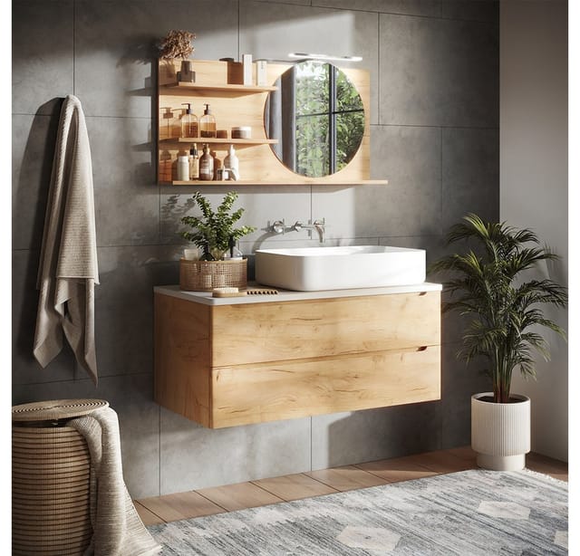 Vicco Badezimmerspiegelschrank Avena, Eiche, 100 x 50 cm mit 3 offenen Fächern (1-St)