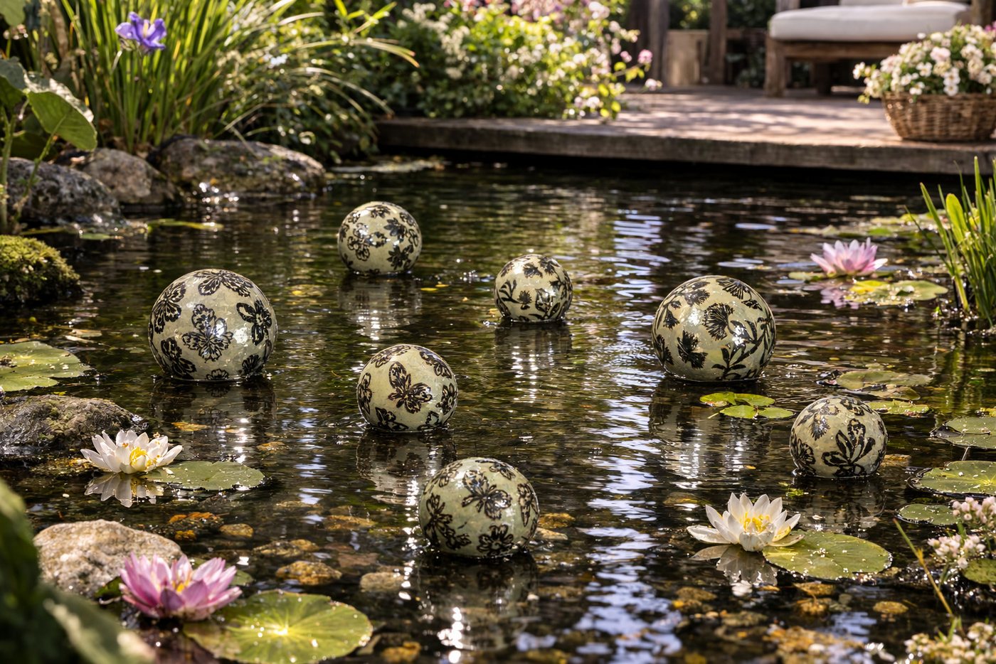 finehomegarden Teichfigur Schwimmkugel 2fach sort. hellgrün Ø4cm/Ø6cm/Ø8cm Blüten Porzellan, (Set), Schwimmende Kugeln für Teich, Brunnen & Wasserschalen 3Größen wählbar Bild 4
