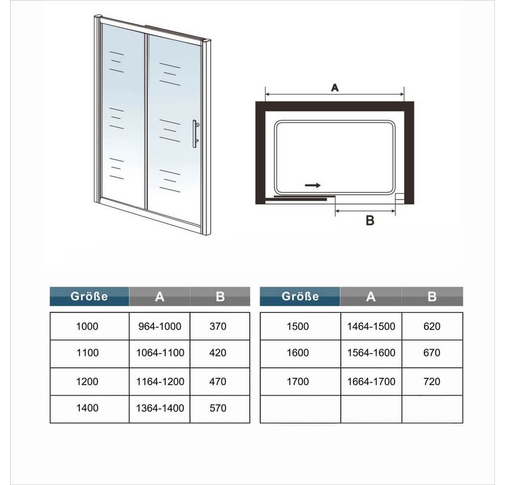 Duschparadies Dusch-Schiebetür 8mm ESG Sicherheitsglas Nischentür Schiebetür Duschabtrennung Duschtür, 100x195 cm, Sicherheitsglas, beidseitig montierbar
