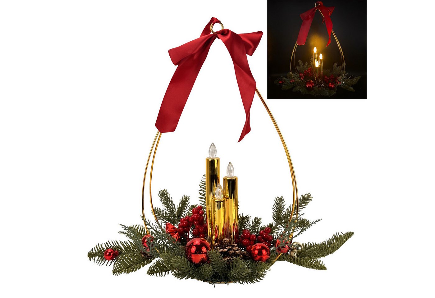 Online-Fuchs Dekokranz - Weihnachtsgesteck mit 3 LED-Stabkerzen & Timer - Deko Weihnachten, festliche Weihnachtsdeko aus Tannenzweigen und Weihnachtskugeln
