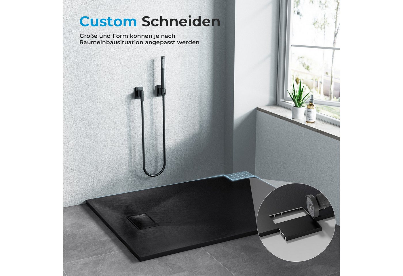 MEYKOERS Duschwanne Duschwanne 80 × 80 cm SMC Schwarz, 2,6 cm, Steinoptik, Zuschneidbar, Quadratisch, Steinoptik, Zuschneidbar Eckduschwanne