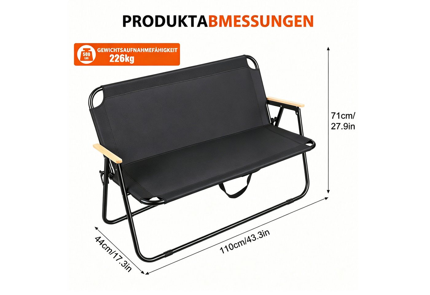Rutaqian Gartenlounge-Bank Gartenbank Klappbar 2 Sitzer Faltbare Outdoor Sitzbank mit Rückenlehne, Robuste Campingbank mit Armlehne für Terrasse Balkon Garten Camping Bild 2