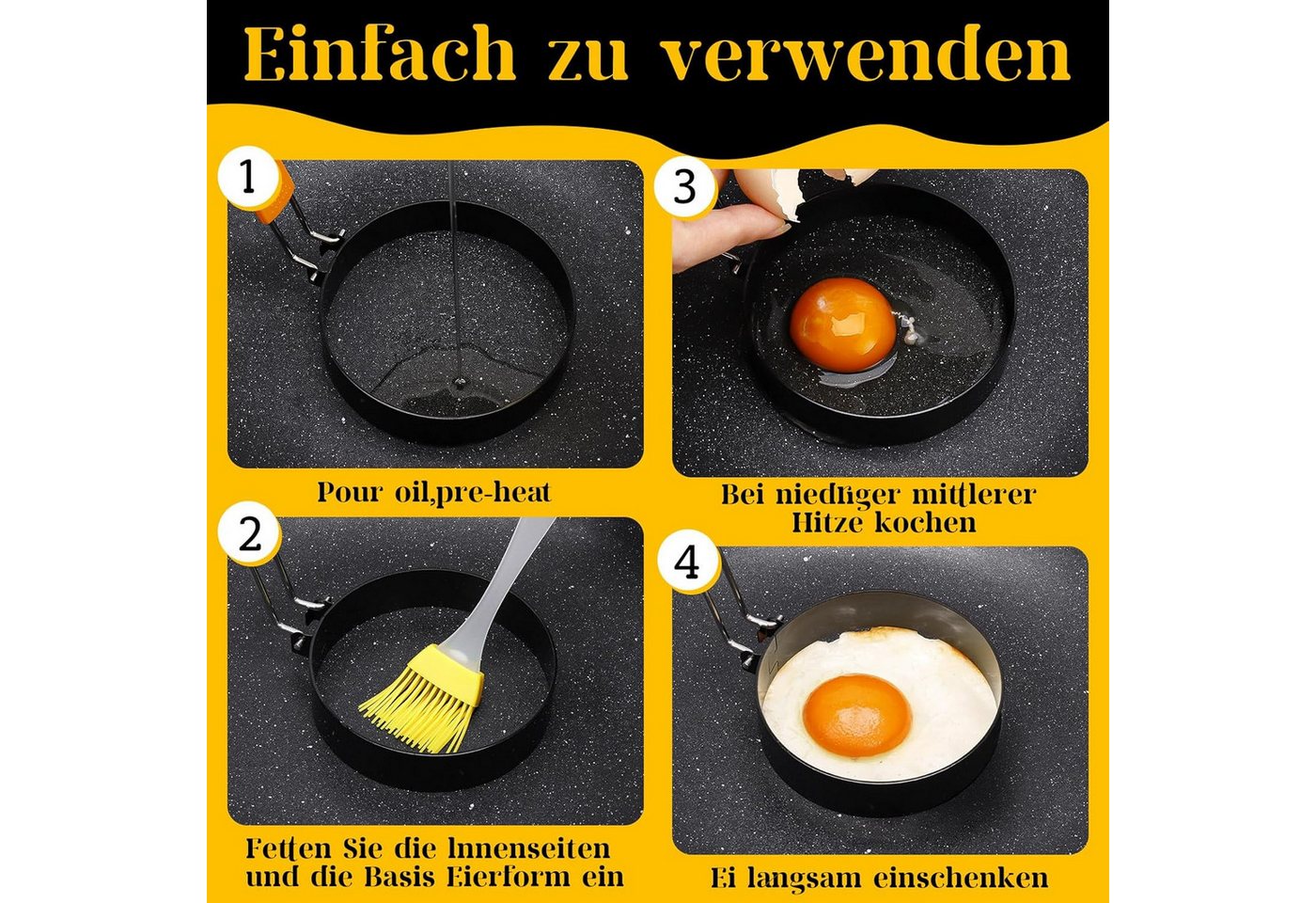 FELIXLEO Eier-Pochierer 4er Eierringe Edelstahl Für Spiegelei Omelett Pfannkuchen, (1-tlg) Bild 3