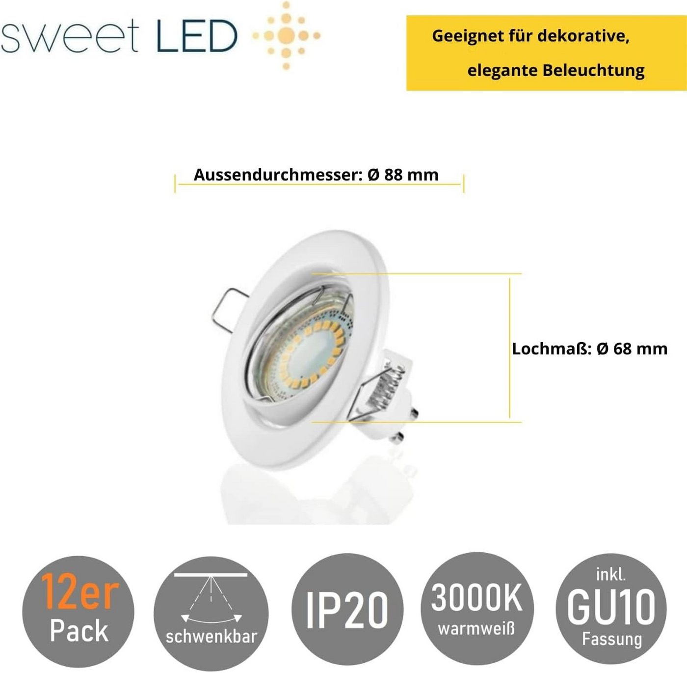 Sweet LED LED Einbaustrahler GU10 5W 230V Deckenstrahler 12er Set Weiß Schwenkbar 3000K Einbauspots, Deckenspots, Deckenstrahler,Einbauleuchten Bild 2