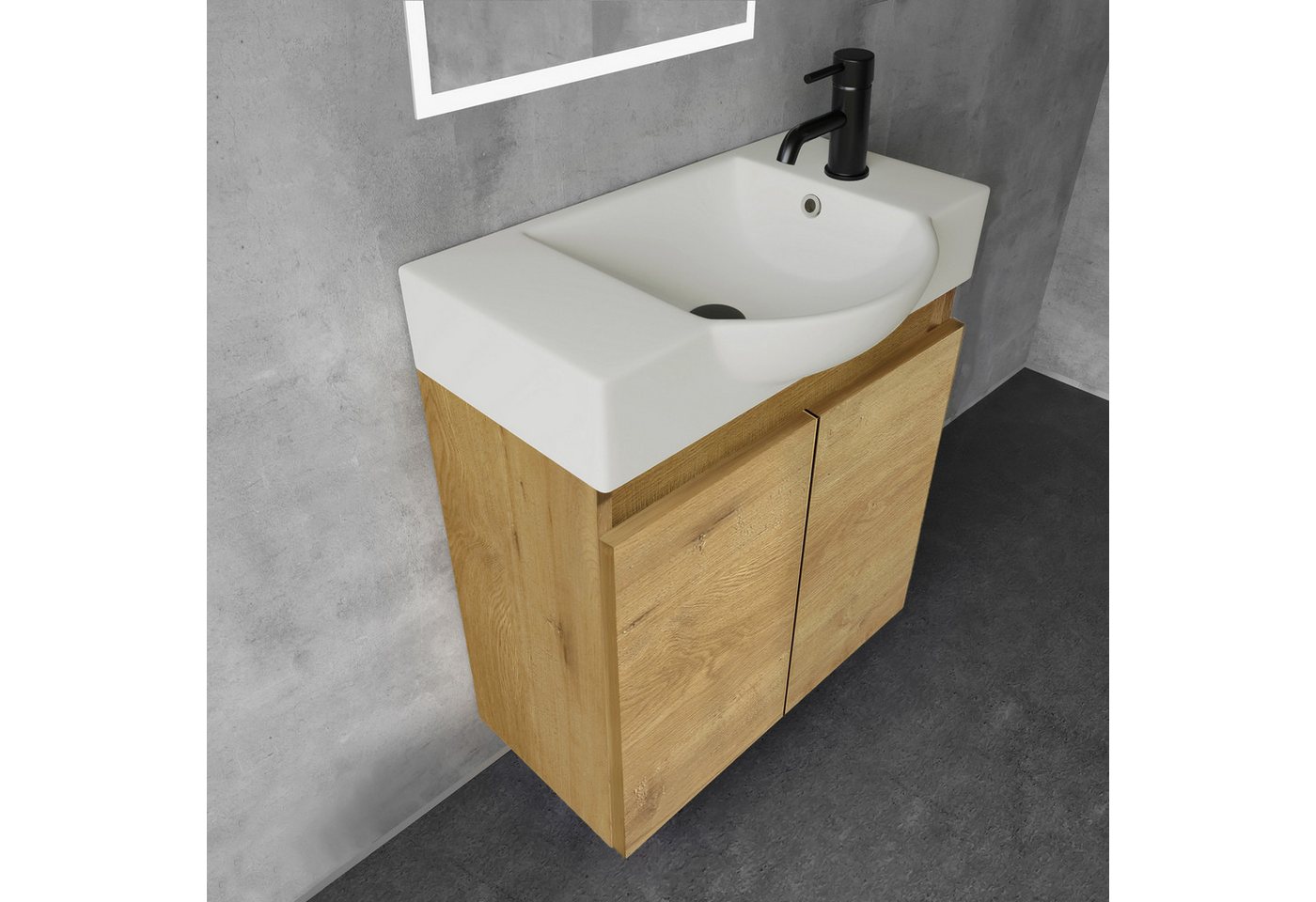 Alpenberger Badmöbel-Set Waschbecken mit Unterschrank und Spiegel Gäste WC Waschtisch Set 55 cm, (Waschtisch mit Unterschrank Hängend, Gäste WC Möbel mit Spiegel), Badmöbel Set, Waschbeckenunterschrank - Eiche Natur