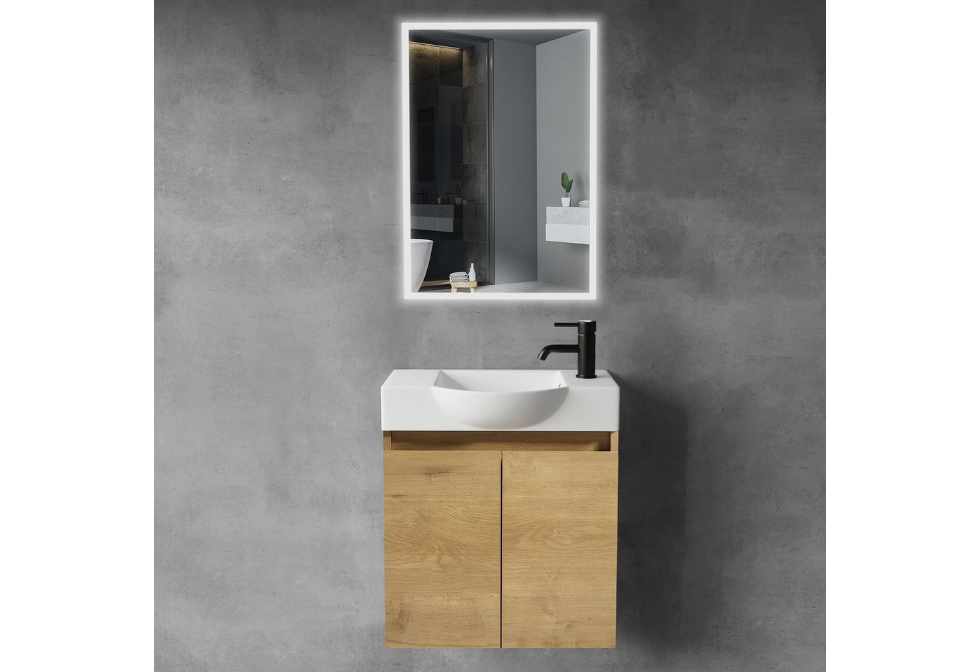 Alpenberger Badmöbel-Set Waschbecken mit Unterschrank und Spiegel Gäste WC Waschtisch Set 55 cm, (Waschtisch mit Unterschrank Hängend, Gäste WC Möbel mit Spiegel), Badmöbel Set, Waschbeckenunterschrank - Eiche Natur Bild 2