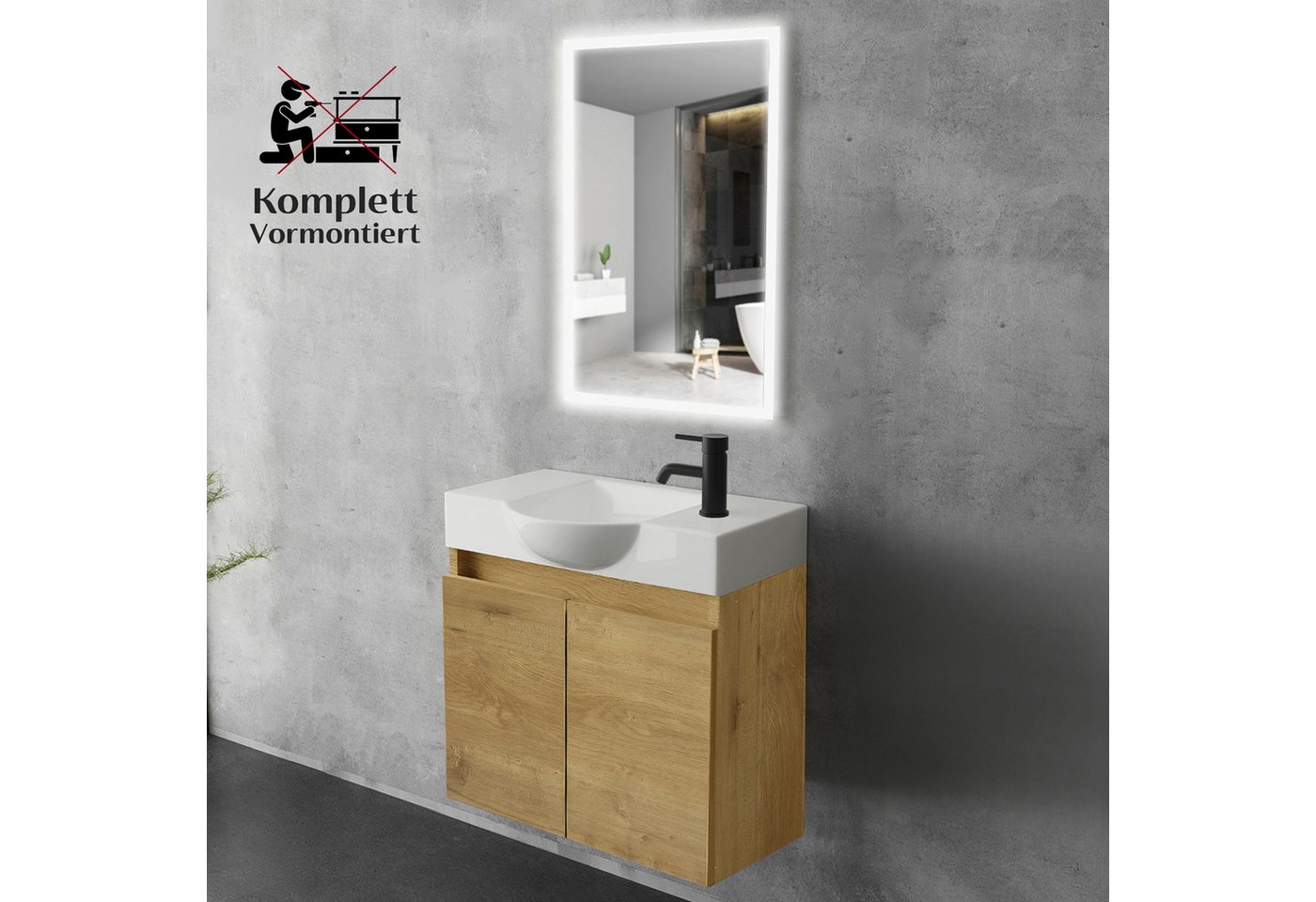 Alpenberger Badmöbel-Set Waschbecken mit Unterschrank und Spiegel Gäste WC Waschtisch Set 55 cm, (Waschtisch mit Unterschrank Hängend, Gäste WC Möbel mit Spiegel), Badmöbel Set, Waschbeckenunterschrank - Eiche Natur Bild 3