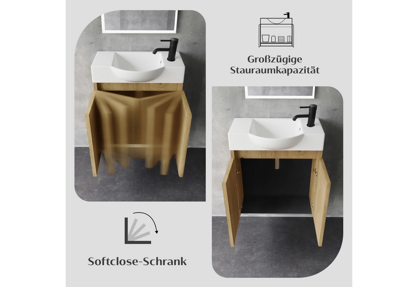 Alpenberger Badmöbel-Set Waschbecken mit Unterschrank und Spiegel Gäste WC Waschtisch Set 55 cm, (Waschtisch mit Unterschrank Hängend, Gäste WC Möbel mit Spiegel), Badmöbel Set, Waschbeckenunterschrank - Eiche Natur Bild 4
