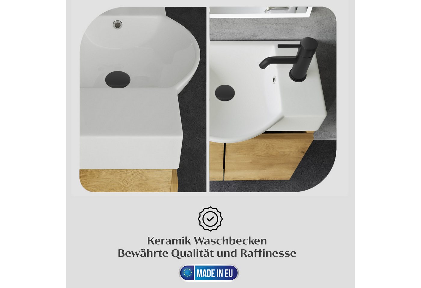 Alpenberger Badmöbel-Set Waschbecken mit Unterschrank und Spiegel Gäste WC Waschtisch Set 55 cm, (Waschtisch mit Unterschrank Hängend, Gäste WC Möbel mit Spiegel), Badmöbel Set, Waschbeckenunterschrank - Eiche Natur Bild 5
