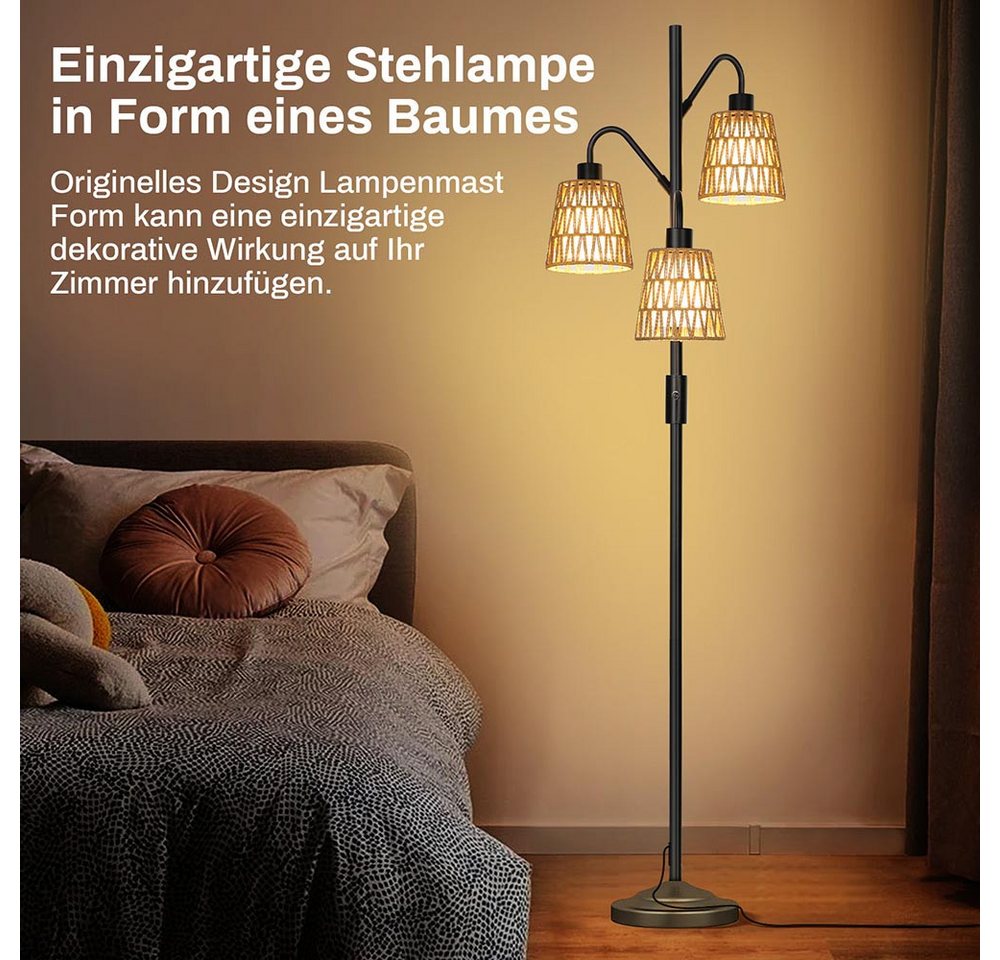 LMaxhome LED Stehlampe Boho 175CM Dimmbar Stehlampe Rattan Vintage Stehleuchte Lampenschirm, Dimmbare, LED fest integriert, Stabiles Metallmaterial und schwerer Sockel, 2700K Warmweißes Licht, mit 3-Glühbirnen-E27, 12W Lese Lampen für Schlafzimmer Büro Wohnzimmer Arbeitszimmer