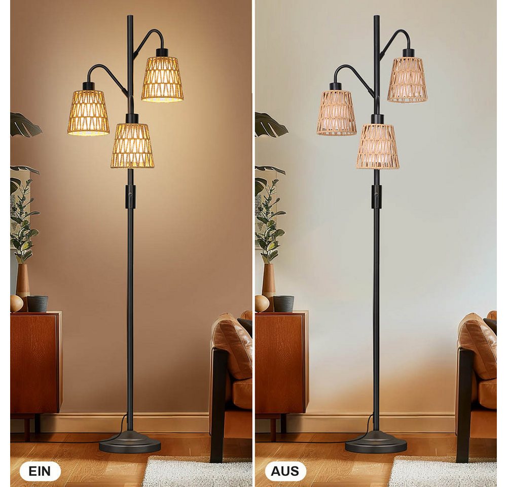 LMaxhome LED Stehlampe Boho 175CM Dimmbar Stehlampe Rattan Vintage Stehleuchte Lampenschirm, Dimmbare, LED fest integriert, Stabiles Metallmaterial und schwerer Sockel, 2700K Warmweißes Licht, mit 3-Glühbirnen-E27, 12W Lese Lampen für Schlafzimmer Büro Wohnzimmer Arbeitszimmer Bild 2