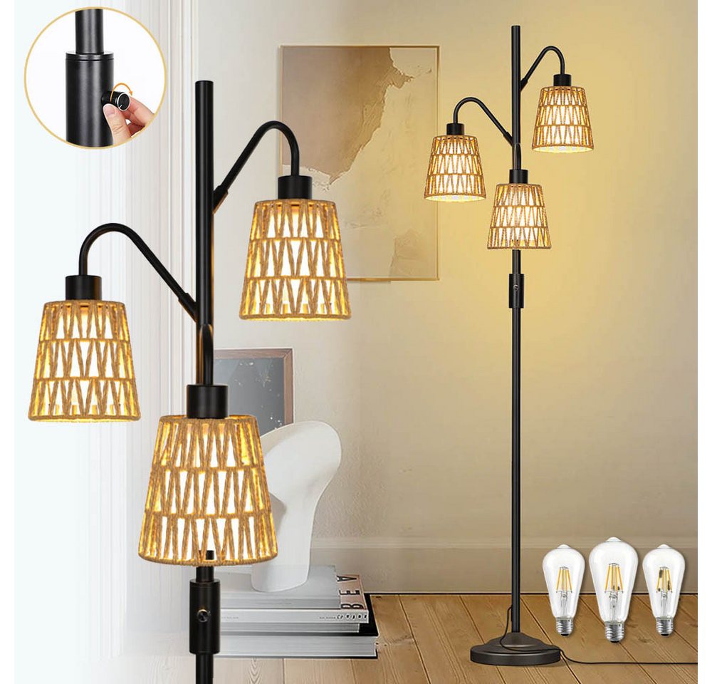 LMaxhome LED Stehlampe Boho 175CM Dimmbar Stehlampe Rattan Vintage Stehleuchte Lampenschirm, Dimmbare, LED fest integriert, Stabiles Metallmaterial und schwerer Sockel, 2700K Warmweißes Licht, mit 3-Glühbirnen-E27, 12W Lese Lampen für Schlafzimmer Büro Wohnzimmer Arbeitszimmer Bild 3