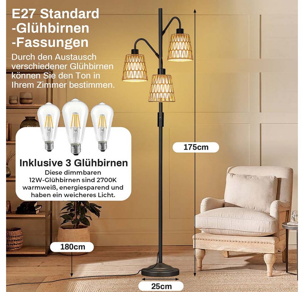 LMaxhome LED Stehlampe Boho 175CM Dimmbar Stehlampe Rattan Vintage Stehleuchte Lampenschirm, Dimmbare, LED fest integriert, Stabiles Metallmaterial und schwerer Sockel, 2700K Warmweißes Licht, mit 3-Glühbirnen-E27, 12W Lese Lampen für Schlafzimmer Büro Wohnzimmer Arbeitszimmer Bild 4