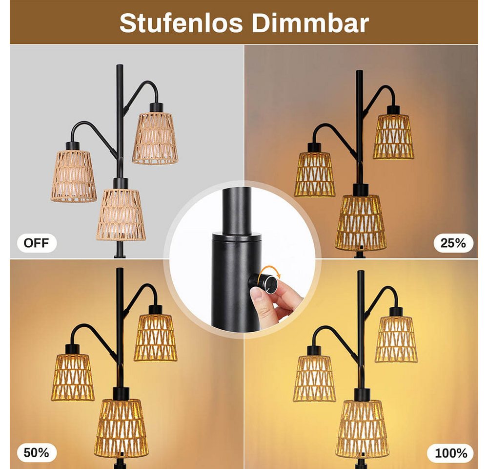 LMaxhome LED Stehlampe Boho 175CM Dimmbar Stehlampe Rattan Vintage Stehleuchte Lampenschirm, Dimmbare, LED fest integriert, Stabiles Metallmaterial und schwerer Sockel, 2700K Warmweißes Licht, mit 3-Glühbirnen-E27, 12W Lese Lampen für Schlafzimmer Büro Wohnzimmer Arbeitszimmer Bild 5