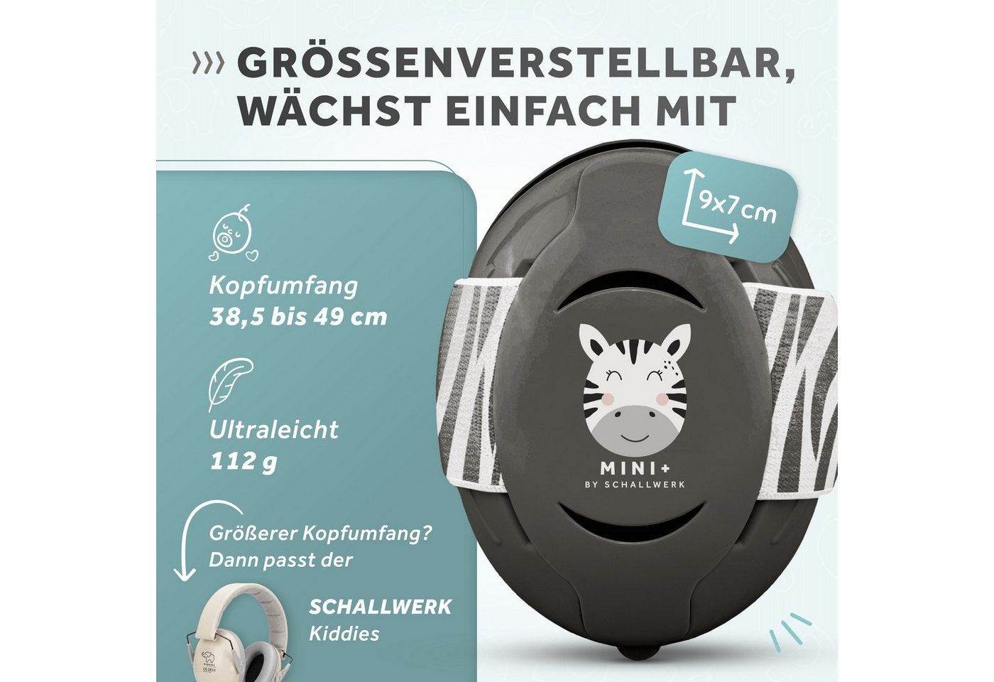 Schallwerk Kapselgehörschutz Mini+ Gehörschutz Baby, Lärmschutz Ohrenschützer Babys & Kleinkinder, (Ohrenschutz für Babys & Kleinkinder, mit verstellbarem Kopfband, waschbar), SNR 24 dB, für Kopfumfang 38,5 bis 49 cm Bild 2