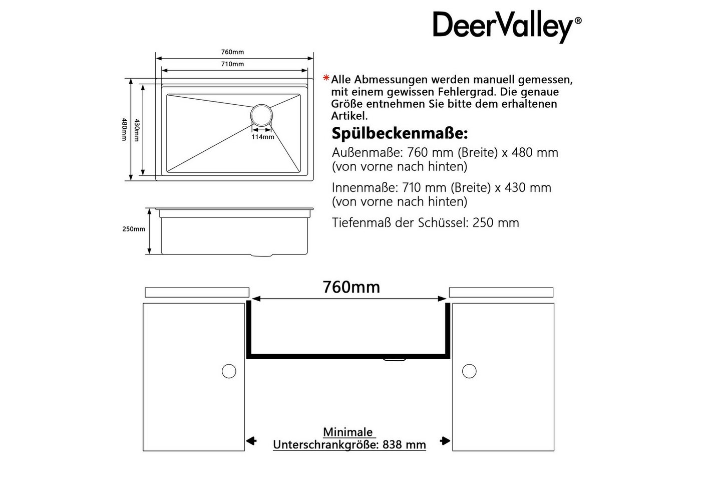 DeerValley Edelstahlspüle DeerValley Spülbecken Schwarz Küchenspüle aus Edelstahl, Nano-Beschichtung, Schalldämmung, Anti-Kondensationsbeschichtung, großes Einzelbecken, X-Ablaufrillen, (Küchenspülen-Set, Set mit Schneidebrett, Abtropfgestell und Zubehör), Nano-beschichtete Edelstahlspüle mit Zubehör Bild 2