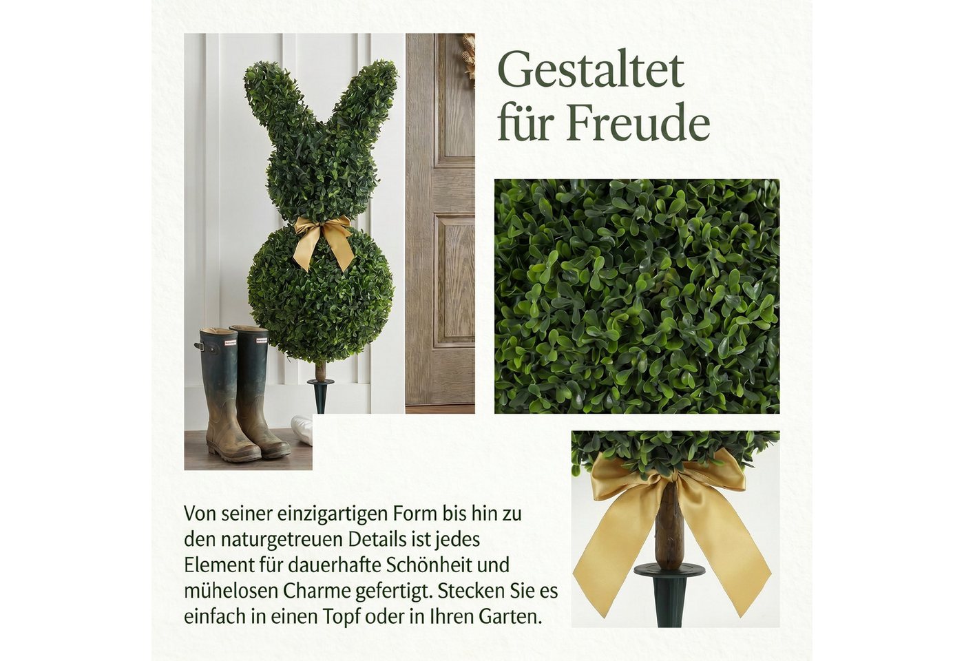 Kunstpflanze Künstliche Pflanze, Dekopflanze für Wohnzimmer, Deko, Garten Buchsbaum, HOMCOM, Höhe 83 cm, Kaninchenform, gelbe Schleife, Bodenpfahl
