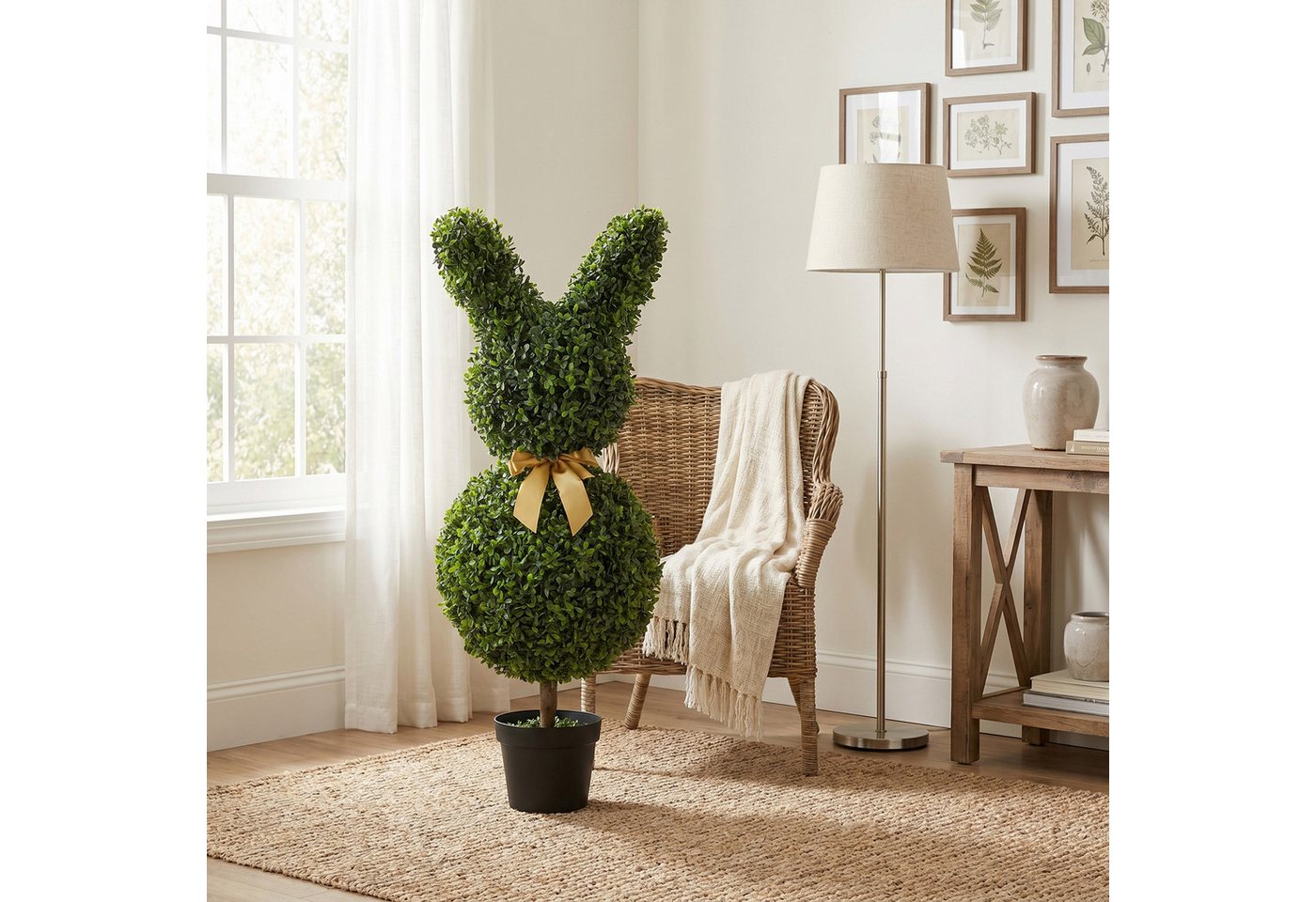 Kunstpflanze Künstliche Pflanze, Dekopflanze für Wohnzimmer, Deko, Garten Buchsbaum, HOMCOM, Höhe 83 cm, Kaninchenform, gelbe Schleife, Bodenpfahl Bild 3