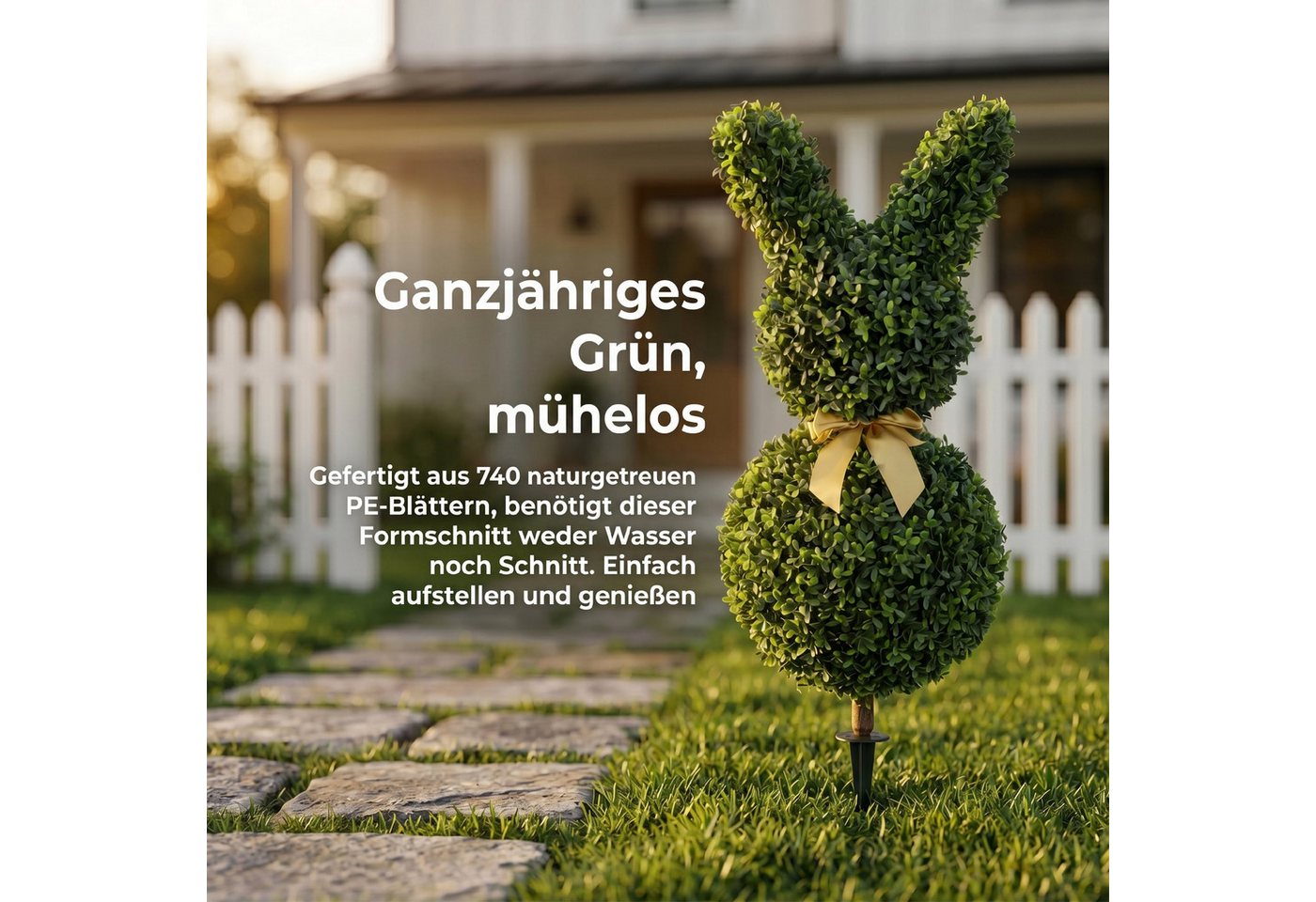 Kunstpflanze Künstliche Pflanze, Dekopflanze für Wohnzimmer, Deko, Garten Buchsbaum, HOMCOM, Höhe 83 cm, Kaninchenform, gelbe Schleife, Bodenpfahl Bild 5