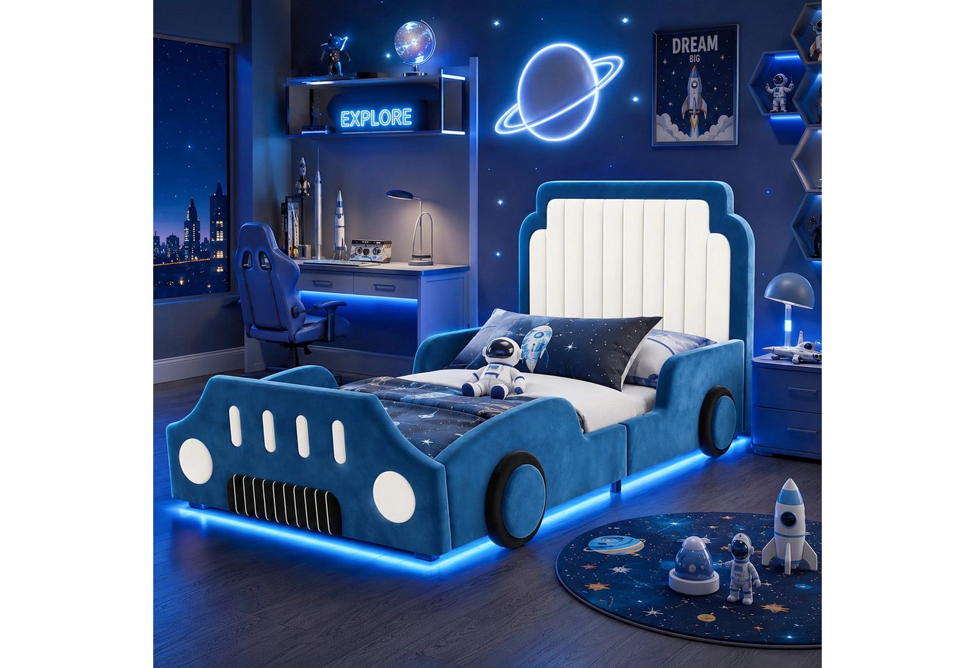 Flieks Autobett, Polsterbett Kinderbett 90x200cm mit Schutzgeländer und LED-Beleuchtung