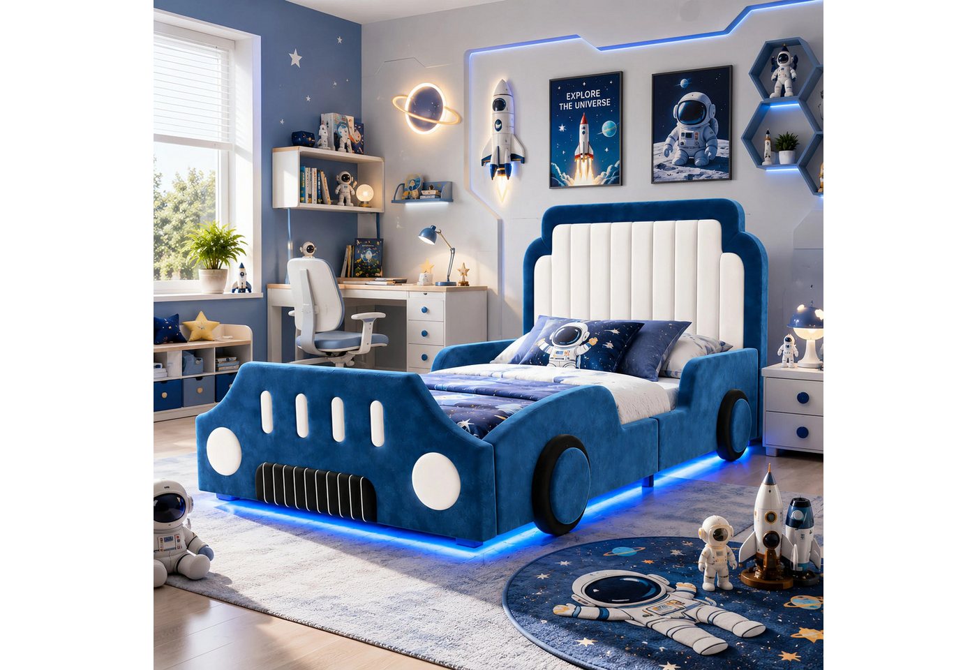 Flieks Autobett, Polsterbett Kinderbett 90x200cm mit Schutzgeländer und LED-Beleuchtung Bild 2