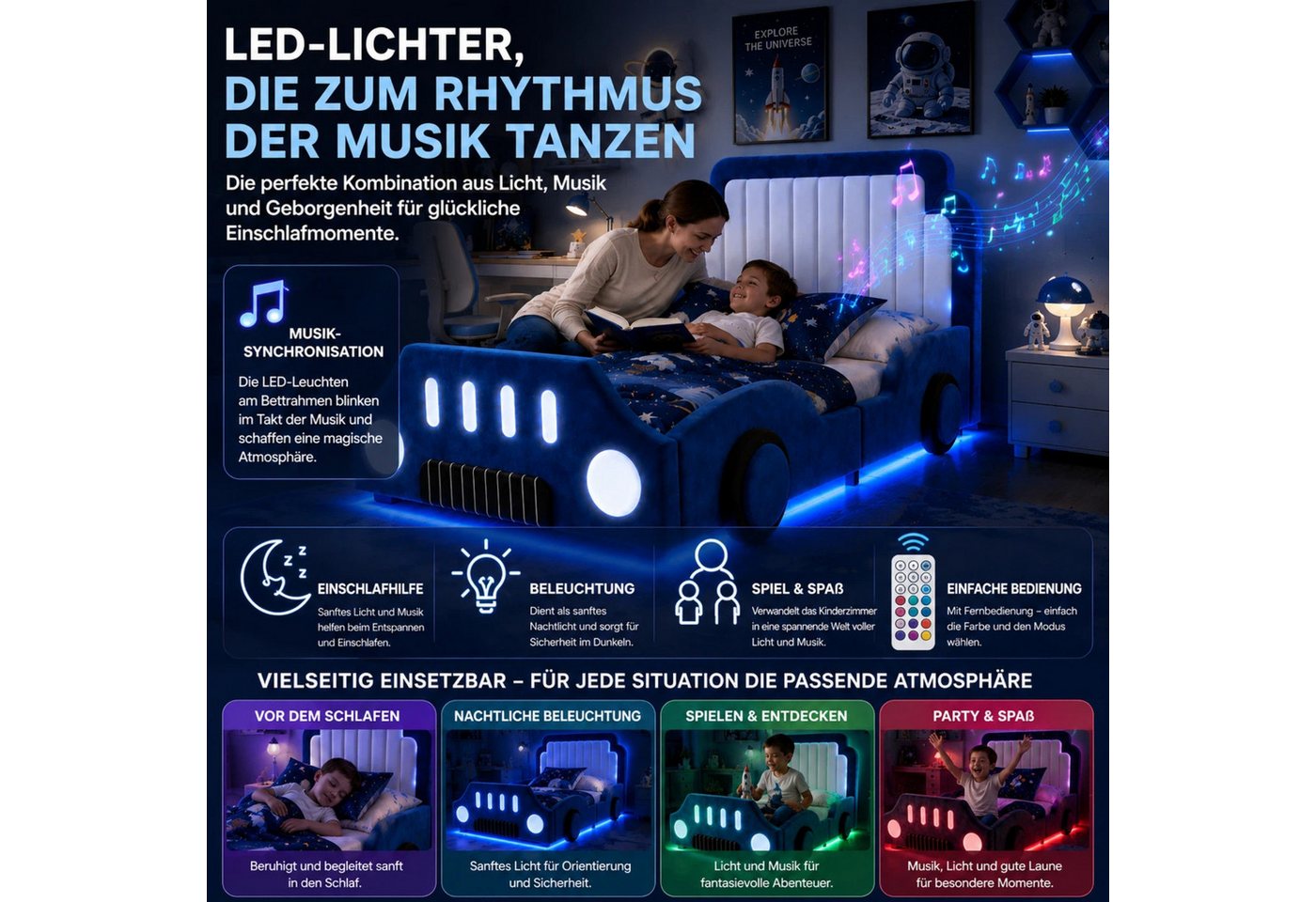 Flieks Autobett, Polsterbett Kinderbett 90x200cm mit Schutzgeländer und LED-Beleuchtung Bild 3