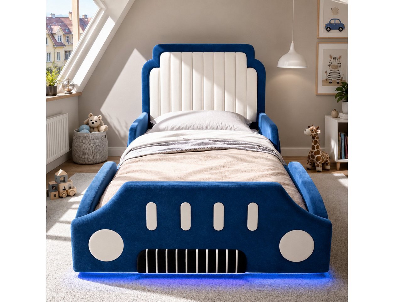 Flieks Autobett, Polsterbett Kinderbett 90x200cm mit Schutzgeländer und LED-Beleuchtung Bild 4