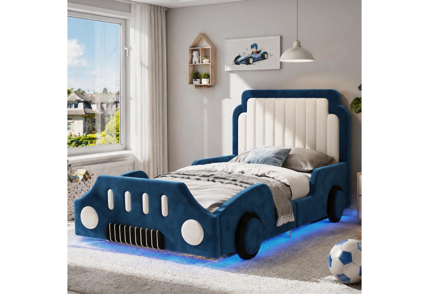 Flieks Autobett, Polsterbett Kinderbett 90x200cm mit Schutzgeländer und LED-Beleuchtung Bild 5