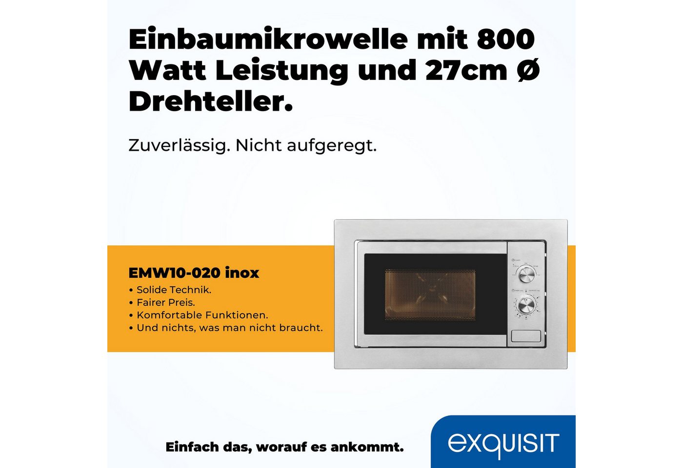 exquisit Einbau-Mikrowelle EMW10-020, Mikrowelle, 20 l, 2-in-1 Gerät: Auftauen und Aufwärmen – Genuss im Handumdrehen
