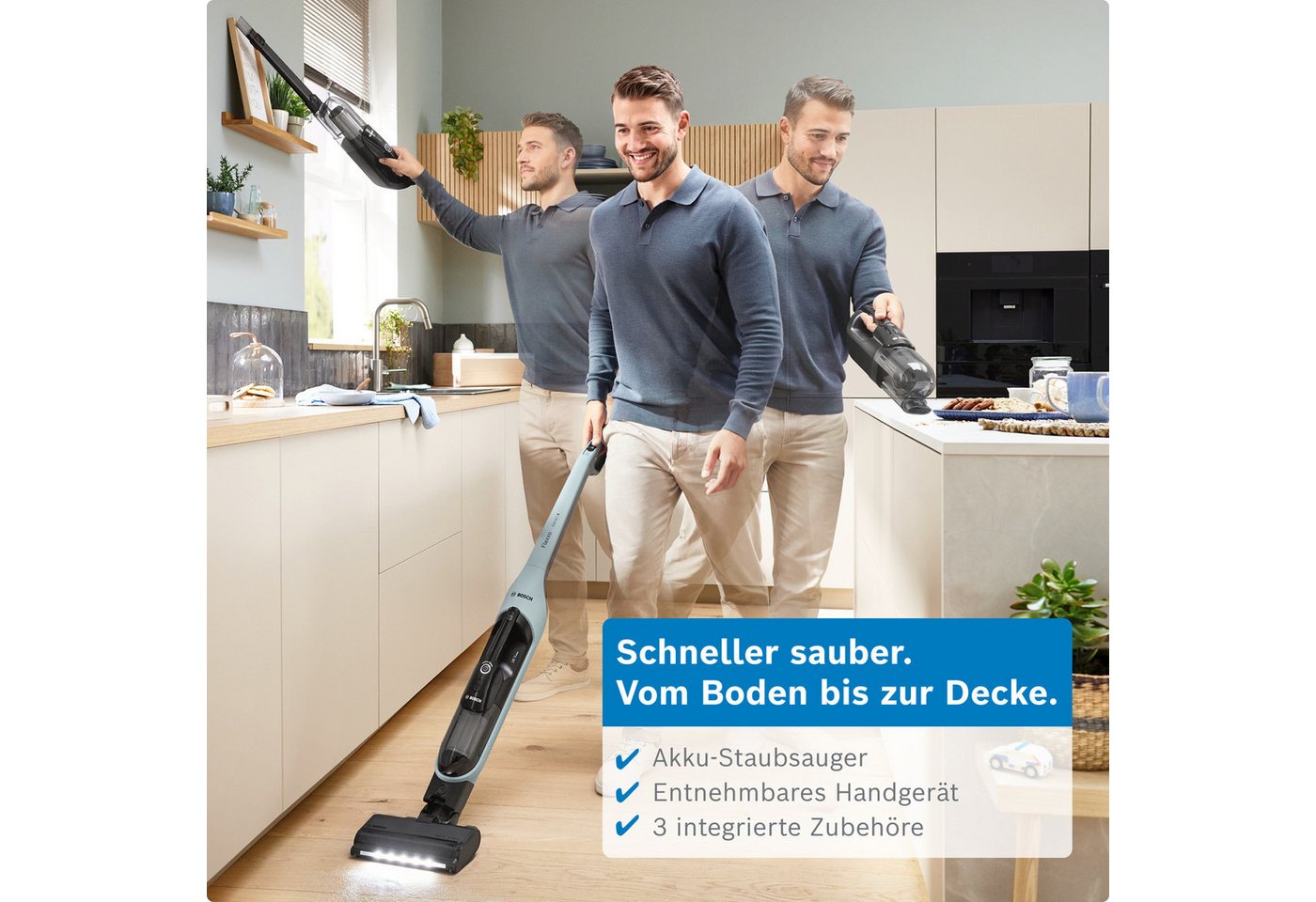 BOSCH Akku-Stielstaubsauger Flexxo Serie 4 BCH4FM28/BCH4SM28, 2in1 Akku-Staubsauger, freistehend, beutellos, kabellos, integriertes Zubehör, beutellos, 60 Min. Laufzeit Bild 2