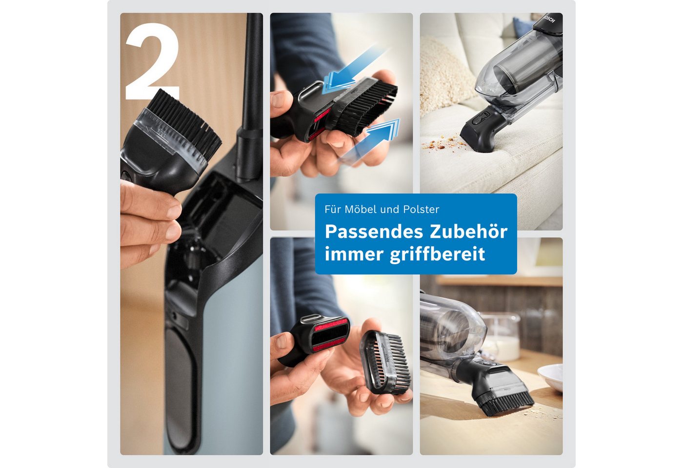 BOSCH Akku-Stielstaubsauger Flexxo Serie 4 BCH4FM28/BCH4SM28, 2in1 Akku-Staubsauger, freistehend, beutellos, kabellos, integriertes Zubehör, beutellos, 60 Min. Laufzeit Bild 4