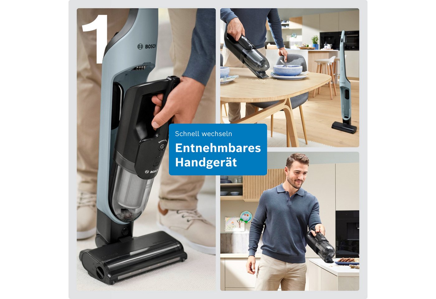 BOSCH Akku-Stielstaubsauger Flexxo Serie 4 BCH4FM28/BCH4SM28, 2in1 Akku-Staubsauger, freistehend, beutellos, kabellos, integriertes Zubehör, beutellos, 60 Min. Laufzeit Bild 5